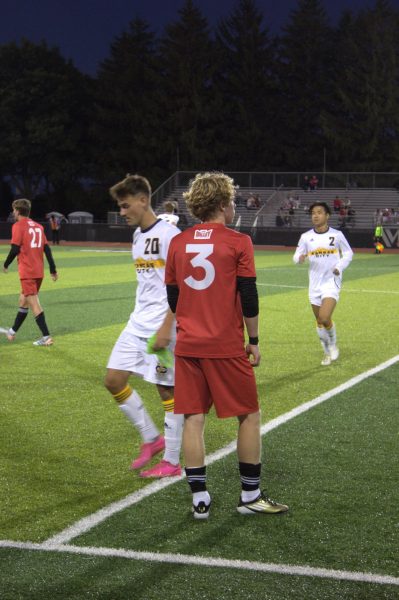 Freshman defender Tom Dahlin stands near the sidelines Friday at the NIU Soccer and Track & Field Complex. NIU men's soccer lost 6-2 to the University of Missouri-Kansas City, dropping its third-consecutive game. (Brooke Schliephake | Northern Star)