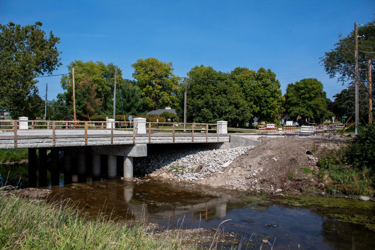 The Lucinda Bridge, across from the Music Building, sits with barricades nearby blocking off the entrance to the bridge. Construction for the Lucinda Bridge is expected to be completed Sept. 20. (Totus Tuus Keely | Northern Star)