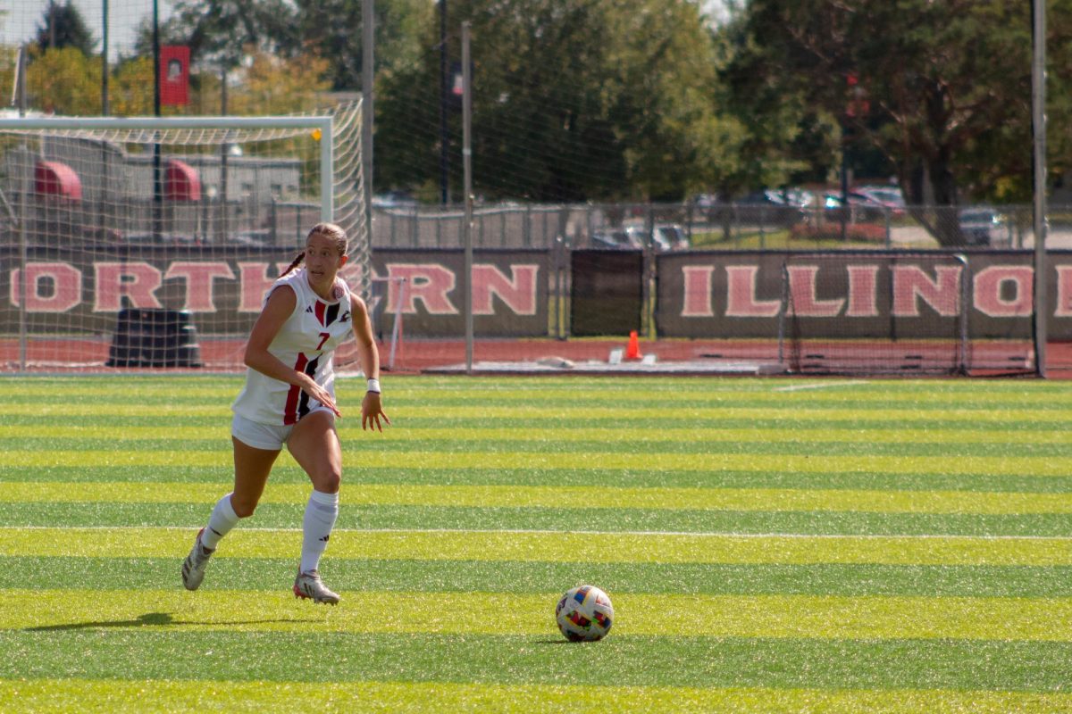 Junior defender Aubrey Robertson dribbles the ball toward midfield. Robertson had 1 shot in the Huskies' 0-2 defeat against Central Michigan University on Thursday. (Northern Star File Photo)