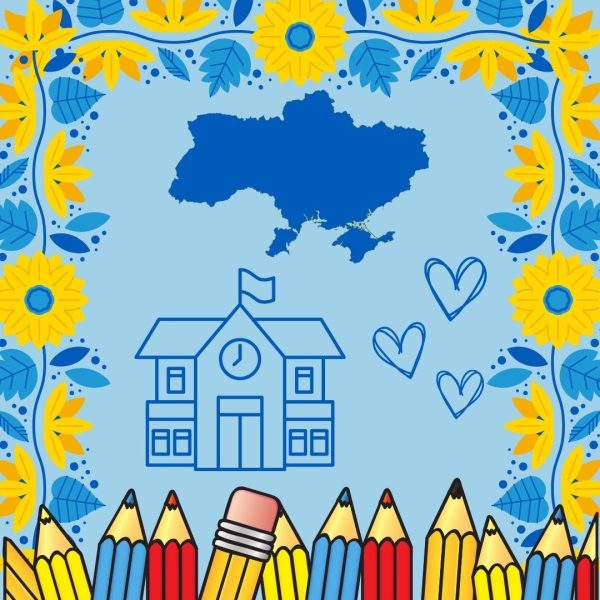 Yellow and blue flowers and a line of school pencils surround a cartoon school building and the country Ukraine. Opinion Columnist Sofia Didenko grew to love the Ukrainian School she attended as a child, grateful for the exposure it provided to her heritage. (Lucy Atkinson | Northern Star)