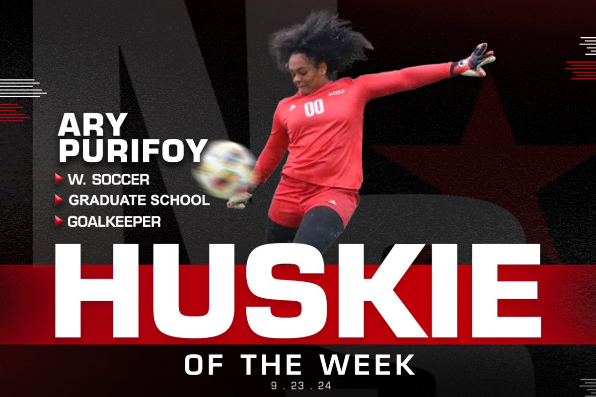 A graphic shows graduate student goalkeeper Ary Purifoy as Huskie of the Week. Purifoy recorded 11 saves and allowed 1 goal over two tie games for NIU women's soccer. (Eddie Miller | Northern Star)