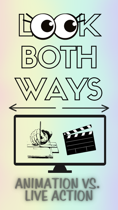 A sketching hand and clapperboard are shown inside a TV beneath the word “Look Both Ways” and above the topic of the week: Animation versus live-action TV. Is animated or live-action TV more engaging for viewers? (Lucy Atkinson | Northern Star) 