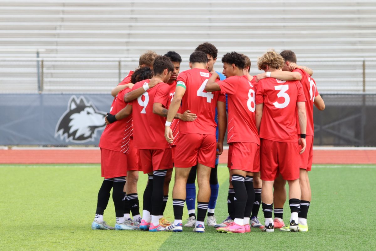 The NIU men's soccer team huddles together Monday at the NIU Soccer and Track & Field Complex. Despite Monday's win over Mercyhurst University, Sports Reporter Kalin Schaefer believe the Huskies are still in need of significant improvements. (Marco Alvarez | Northern Star)