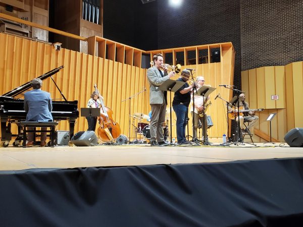 The members of the Jazz Faculty Recital perform in front of an audience. The recital pays tribute to Benny Golson, a legendary jazz saxophonist who passed away last month. (Jonathan Shelby | Northern Star)
