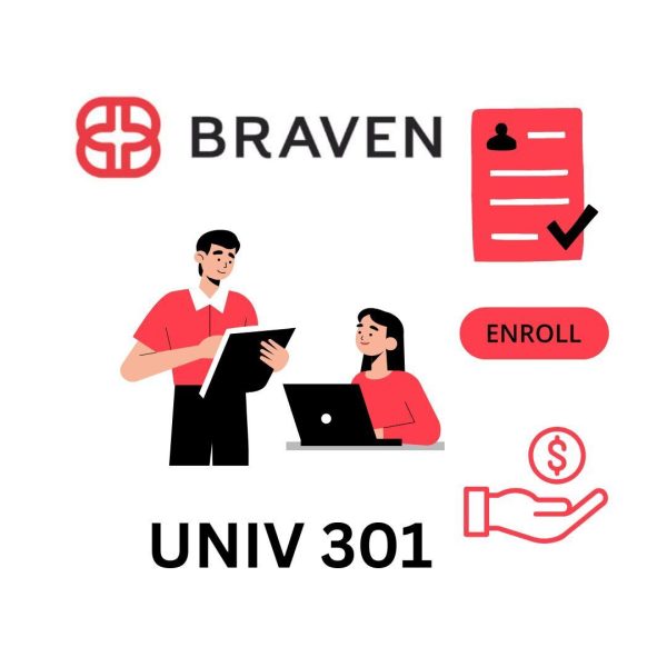 A graphic depicts the Braven logo, "UNIV 301," a sign that says "Enroll," two people talking, an outstretched hand and a resume. Enrollment in UNIV 301 has decreased since 2022. (Tim Dodge | Northern Star)