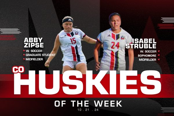 A graphic shows sophomore midfielder Isabel Struble and graduate student midfielder Abby Zipse as Co-Huskies of the Week. Struble and Zipse each had a goal in the Huskies' 2-1 victory against Eastern Michigan University on Friday.(Eddie Miller | Northern Star)
