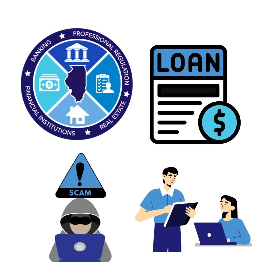 A graphic shows The Illinois Department of Financial and Professional Regulation logo, a scammer, a loan and students. The Illinois Department of Financial and Professional Regulation, Division of Banking and the Illinois Attorney General issued a warning on Thursday to inform students of student loan scams. (Tim Dodge | Northern Star)