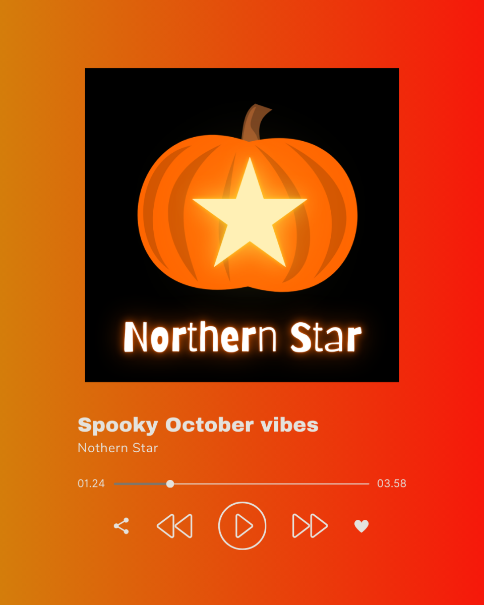 A graphic shows a "Spooky October vibes" playlist. Here are some spooky and fall themed songs to listen to during the month of October. (Brynn Krug | Northern Star)