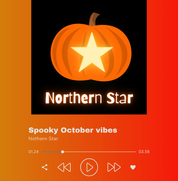 A graphic shows a "Spooky October vibes" playlist. Here are some spooky and fall themed songs to listen to during the month of October. (Brynn Krug | Northern Star)