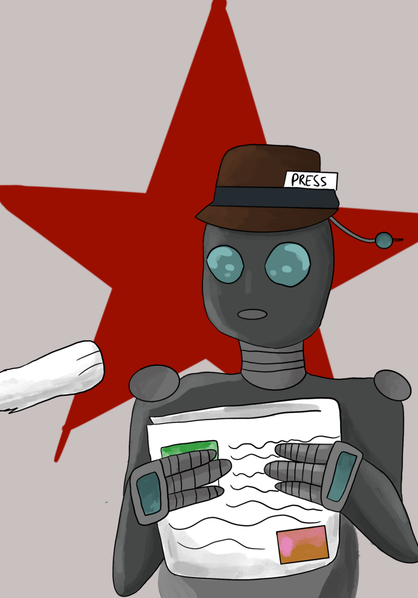 A robot in a hat labeled "press" holds a newspaper in front of the Northern Star's red star logo, while a Huskie paw points accusatorily at the robot. The Northern Star will not publish any content created by artificial intelligence and encourages readers to review its AI policy. (Daniela Barajas | Northern Star)