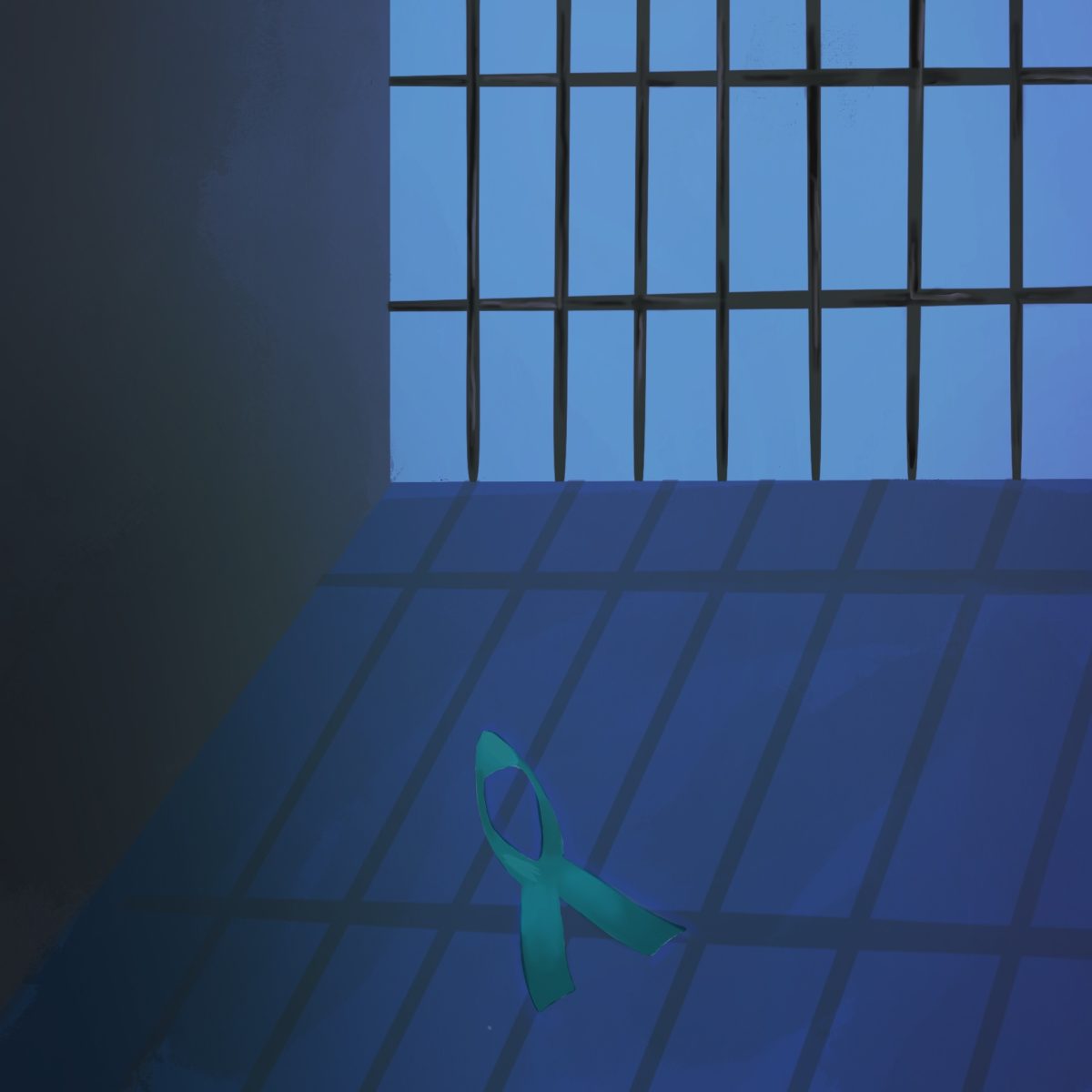 A teal ribbon, the ribbon for sexual assault, floats in the faint light of a prison cell. Juvenile detention facilities in Illinois and across the U.S. have recently received disturbing allegations of sexual assault, and the result lawsuits deserve the public’s attention. (Daniela Barajas | Northern Star)