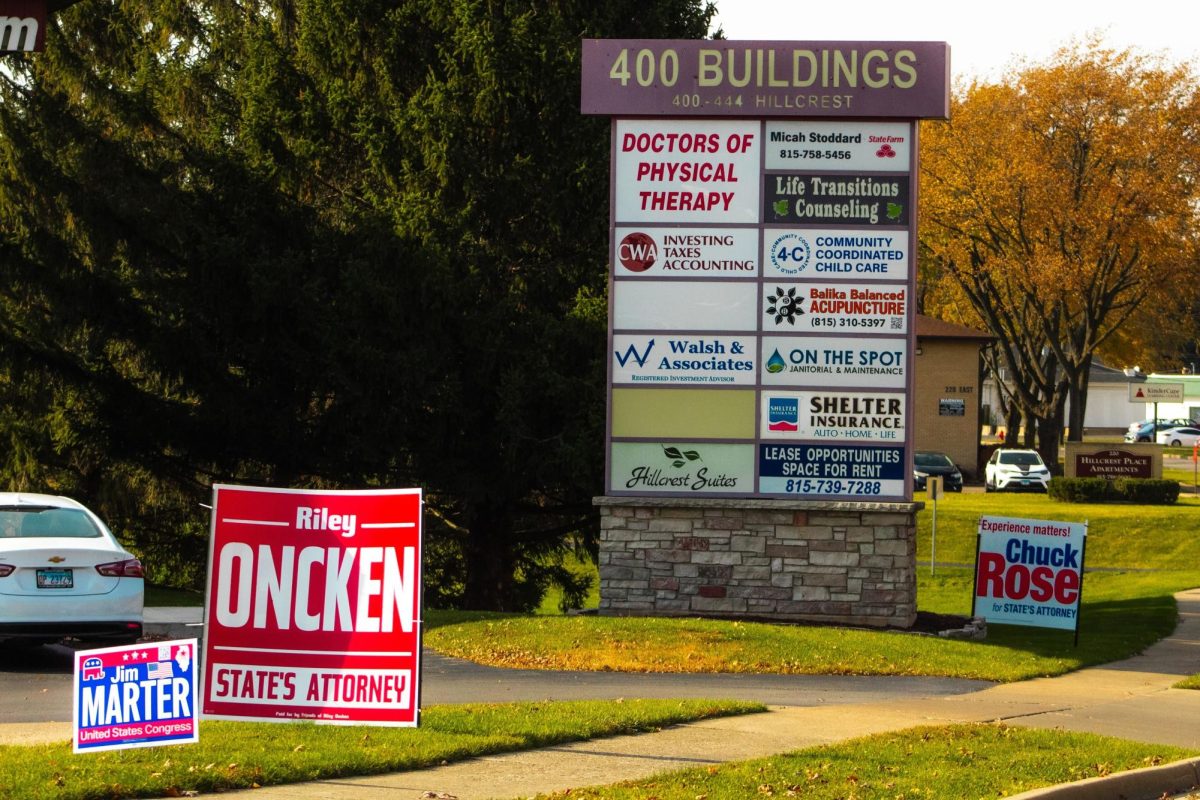 Political signs promoting for the State’s Attorney and United States Congress election are placed in the grass next to the 400 Buildings on East Hillcrest Drive. NIU will be closed Tuesday in observance for General Election Day. (Totus Tuus Keely | Northern Star)