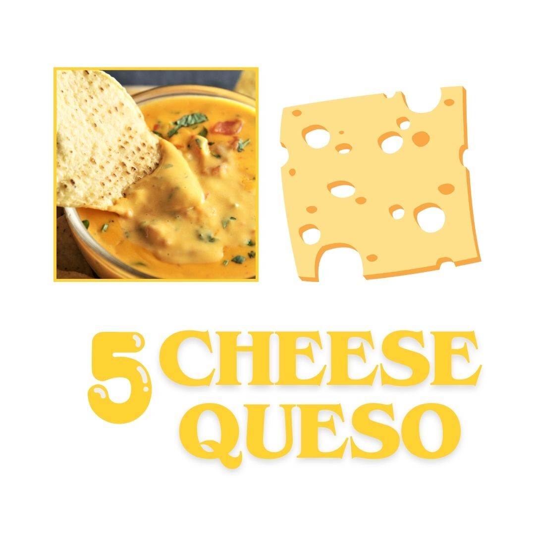 A graphic shows five-cheese queso. This quick and easy queso recipe comes together in five minutes. (Tim Dodge | Northern Star)