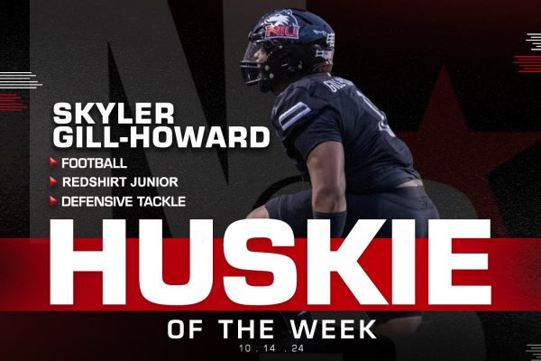 A graphic shows redshirt junior defensive tackle Skyler Gill-Howard as Huskie of the Week. Gill-Howard had a career-best 3 tackles for loss and 2 sacks in NIU football's 17-7 victory over Bowling Green State University on Saturday. (Eddie Miller | Northern Star)