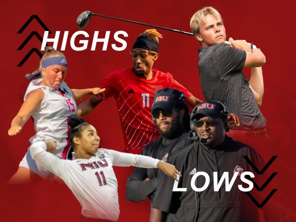 A graphic shows NIU student-athletes from various sports with arrows indicating highs and lows. Sports Editor Lucas Didier shared the best and worst moments for Huskie sports in October. (Edison Miller | Northern Star)