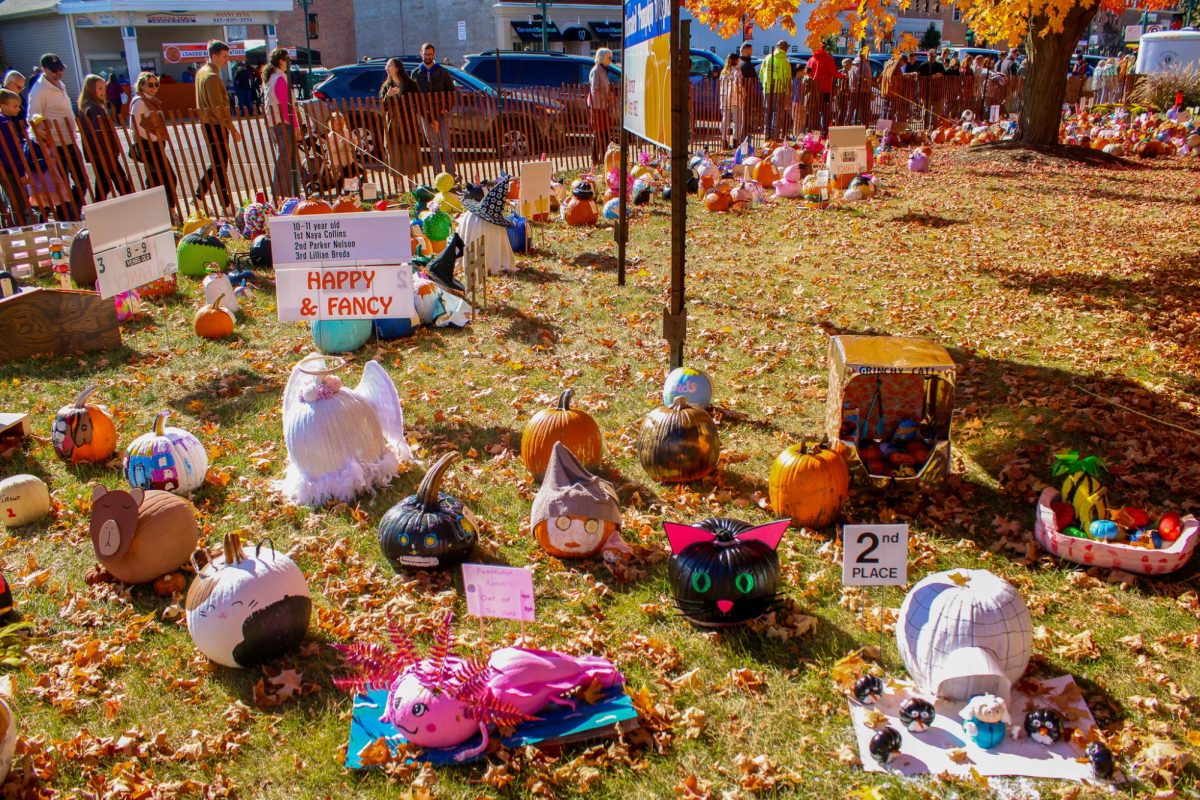  Pumpkins sit on the grass for the decorated pumpkin competition with some labeled for the place they finished. The Sycamore Pumpkin Festival began back in 1956 and had over 1000 entries in the Lions Club Decorated Pumpkin Display this year. (Ethan Rodriguez | Northern Star)