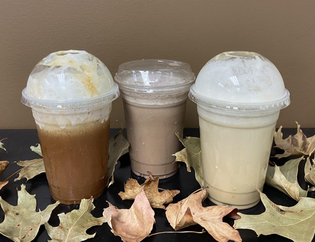 Three seasonal drinks from Cast Iron Coffee, 901 Lucinda Ave. Suite D, sit on a shelf. This October, there are lots of fall drink options around DeKalb. (Brynn Krug | Northern Star) 