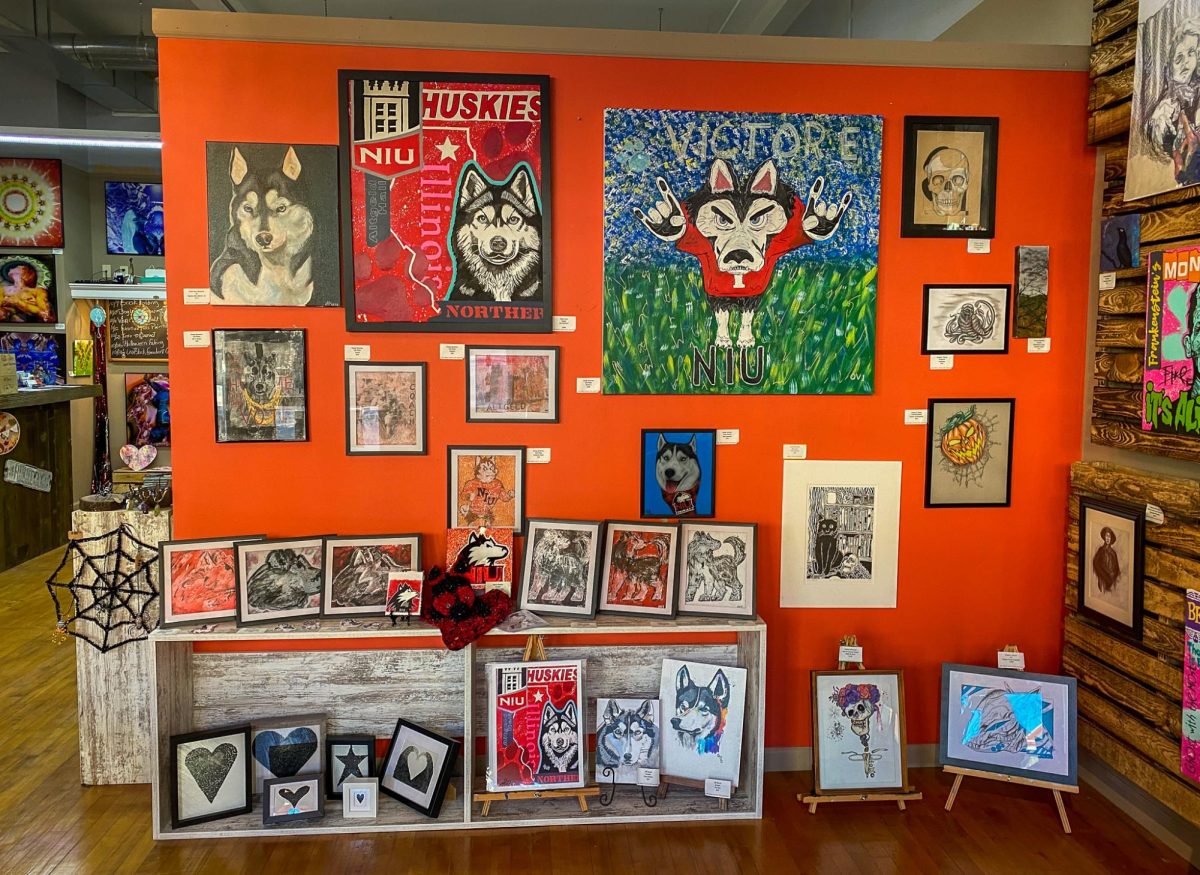 A display shows various artworks of Huskies. The Huskie Homage art show was presented by Jubilee, located at 128 E. Lincoln Highway. (Brynn Krug | Northern Star) 