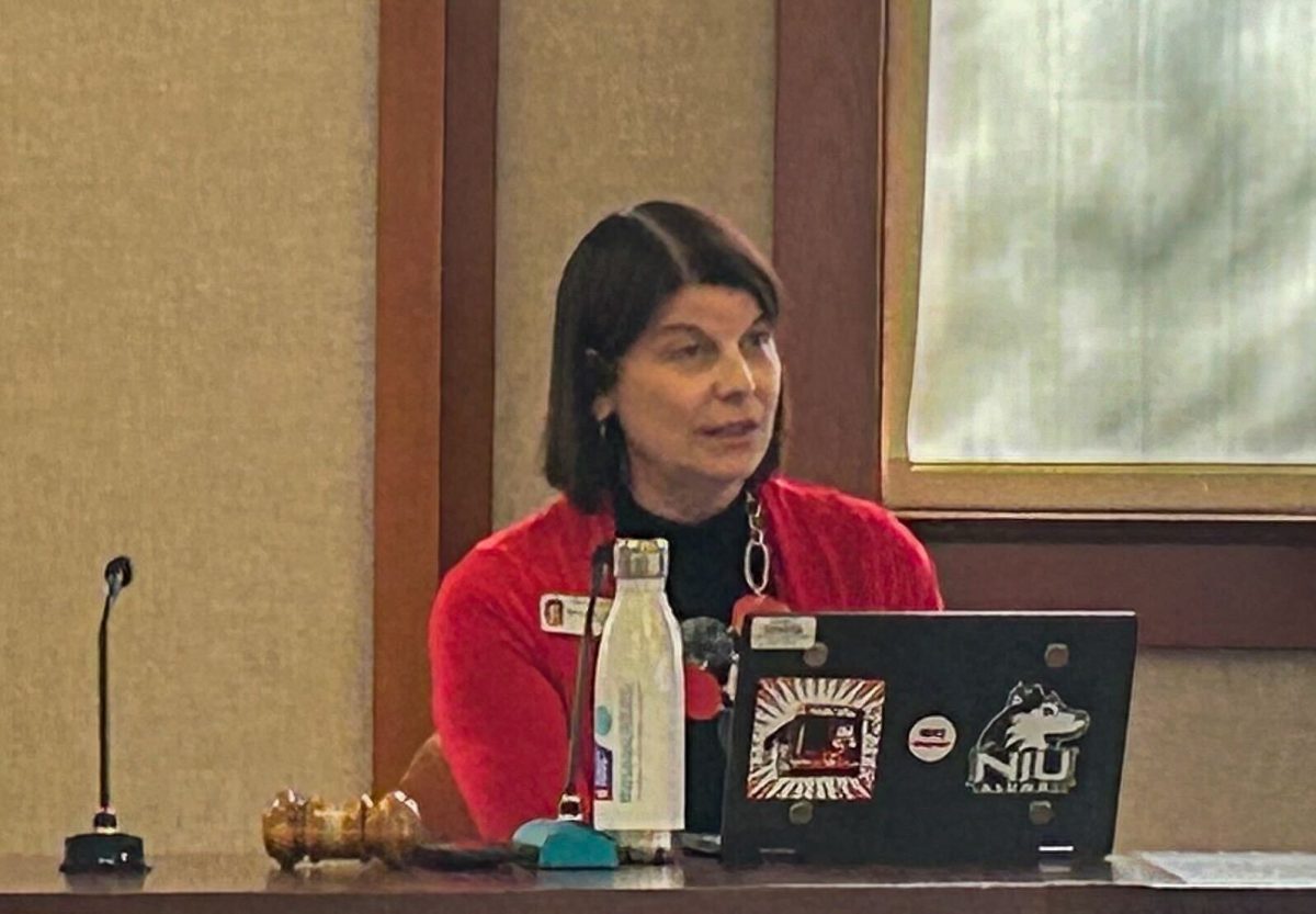 NIU President Lisa Freeman sits at a table and talks during the University Council meeting Wednesday. Freeman expressed her gratitude for the $40 million donation that was given to NIU by the Baustert Family Foundation. (Emily Beebe | Northern Star)