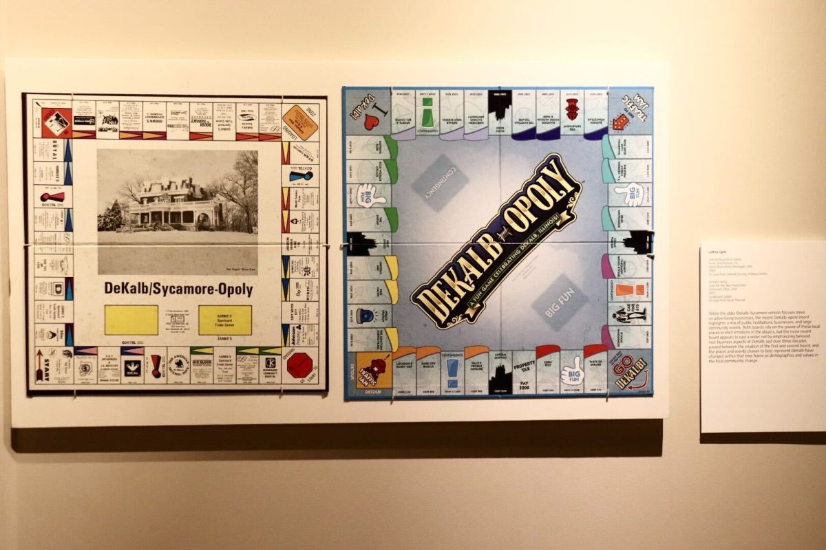 A DeKalb-Sycamore-Opoly and DeKalb-Opoly game boards are displayed on a wall inside of the Anthropology Museum at Cole Hall. The Museum opened its new "At Play" exhibit last month featuring popular toys and games of the past. (Marco Alvarez | Northern Star)