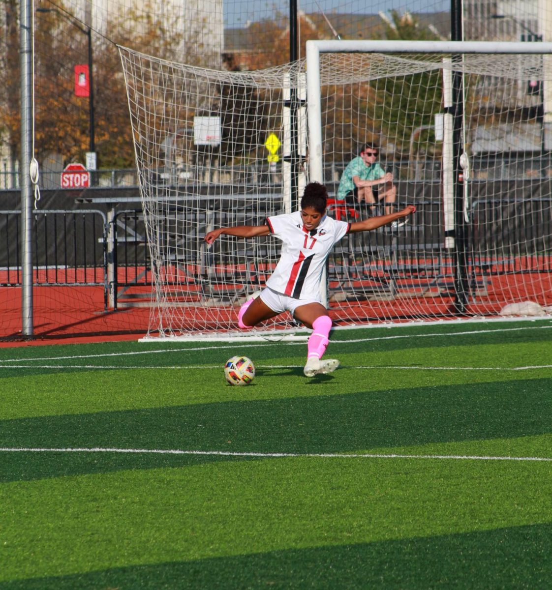 Junior forward Sophia White winds up for a goal kick on Thursday at the NIU Soccer and Track & Field Complex in DeKalb. With the 2-1 win against Kent State University, the Huskies snapped a three game losing streak. (Ro Hong | Northern Star) 