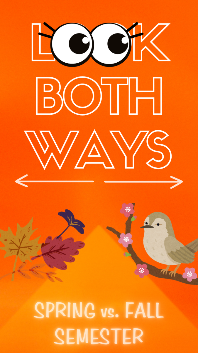 A couple of autumnal leaves and a branch carrying a bird sit beneath the words "Look Both Ways" and above the topic of the week. Is spring or fall semester best? (Jackson Shields | Northern Star)