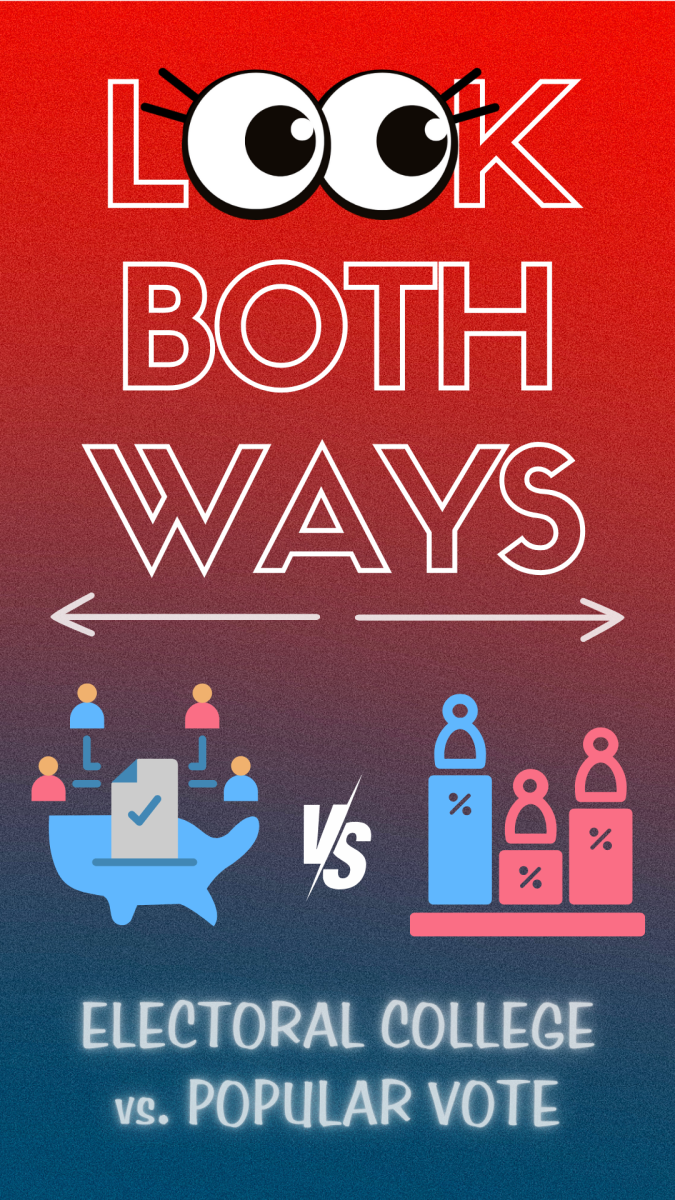 The silhouettes of four U.S. electors and a graph meant to represent the popular vote are separated by a versus symbol beneath the words "Look Both Ways" and the topic of the week. Is the Electoral College or popular vote the better system? (Jackson Shields | Northern Star)