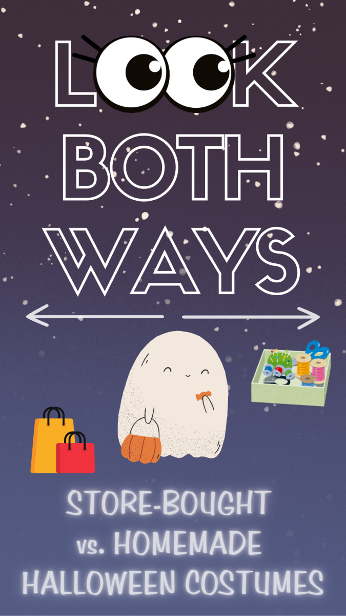 Shopping bags, a ghost holding a trick-or-treat bag, and craft supplies sit beneath the words “Look Both Ways” and above the topic of the week. Is it better to wear store-bought or homemade Halloween costumes to celebrate All Hallows’ Eve? (Lucy Atkinson | Northern Star)