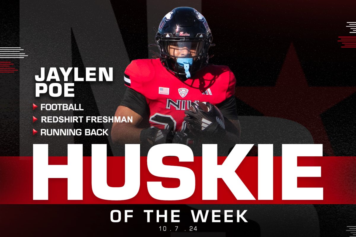 A graphic shows redshirt freshman running back Jaylen Poe as Huskie of the Week. Poe rushed for 2 touchdowns and had an 89-yard kick return in NIU football's 34-20 victory over the University of Massachusetts on Saturday. (Eddie Miller | Northern Star)