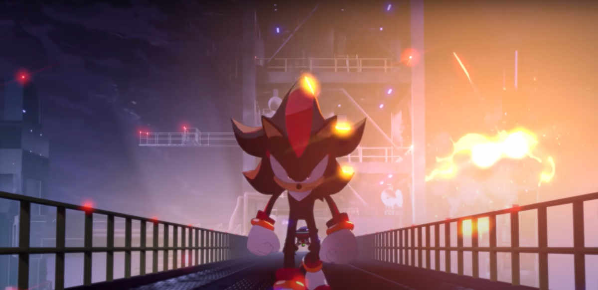 Shadow the Hedgehog walks away from an explosion and toward a shuttle. "Dark Beginnings" is a short YouTube series that acts as a prelude to the story of "Sonic X Shadow Generations" releasing on Oct. 25. (SEGA under Fair Use) 