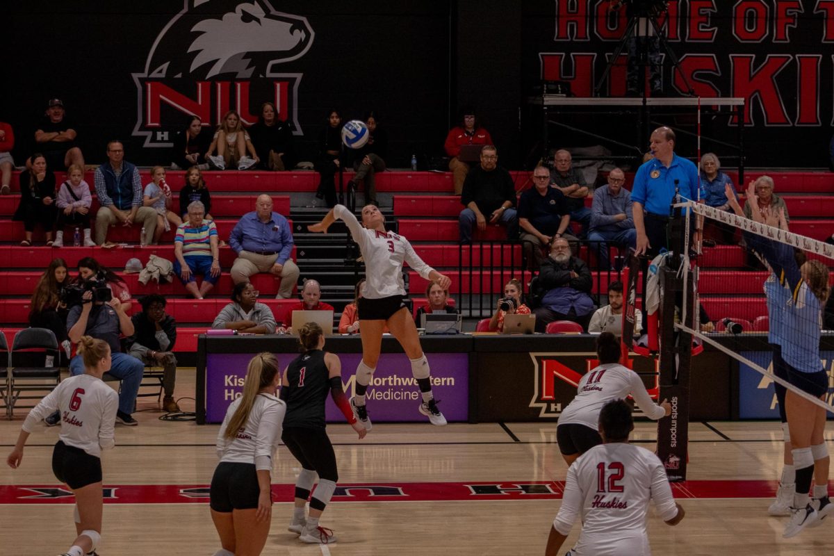 Freshman outside hitter Ava Grevengoed prepares to spike the ball into Kent State University territory. With an attack rate of .256, Grevengoed was second on the team in kills on Thursday against Ohio University. (Northern Star File Photo) 