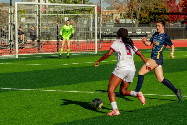 Sophomore forward Tyra King (5) pushes towards the goal on Sunday at the NIU Soccer and Track & Field Complex. NIU women's soccer lost 1-0 to Western Michigan University on Thursday, ending the Huskies' 2024 season without an appearance in the Mid-American Conference Tournament. (Northern Star File Photo)