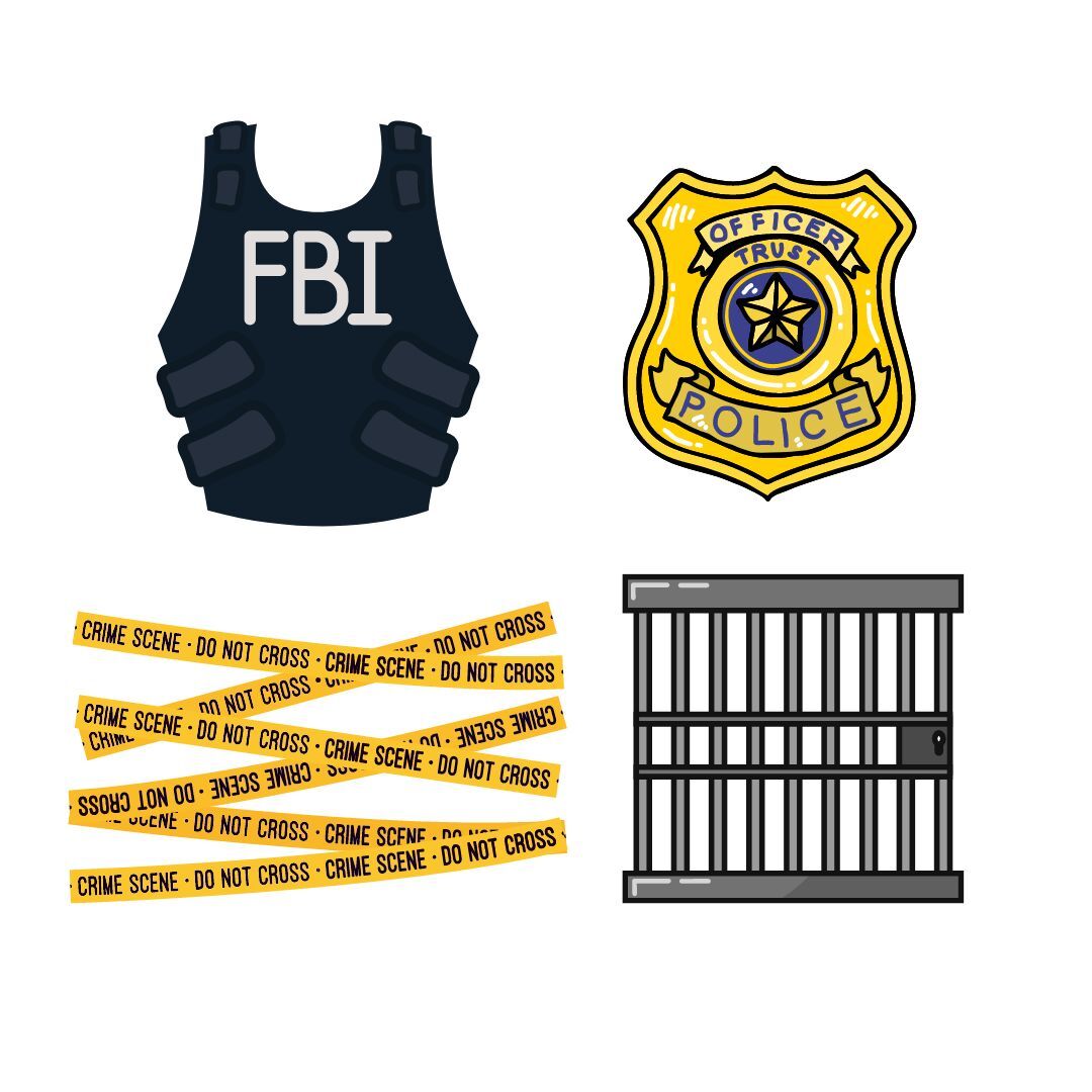 A graphic depicts an FBI police vest, a police badge, crime scene tape and a jail cell. 2023 FBI crime statistics show DeKalb is almost three times the national rate for violent crime. (Tim Dodge | Northern Star)