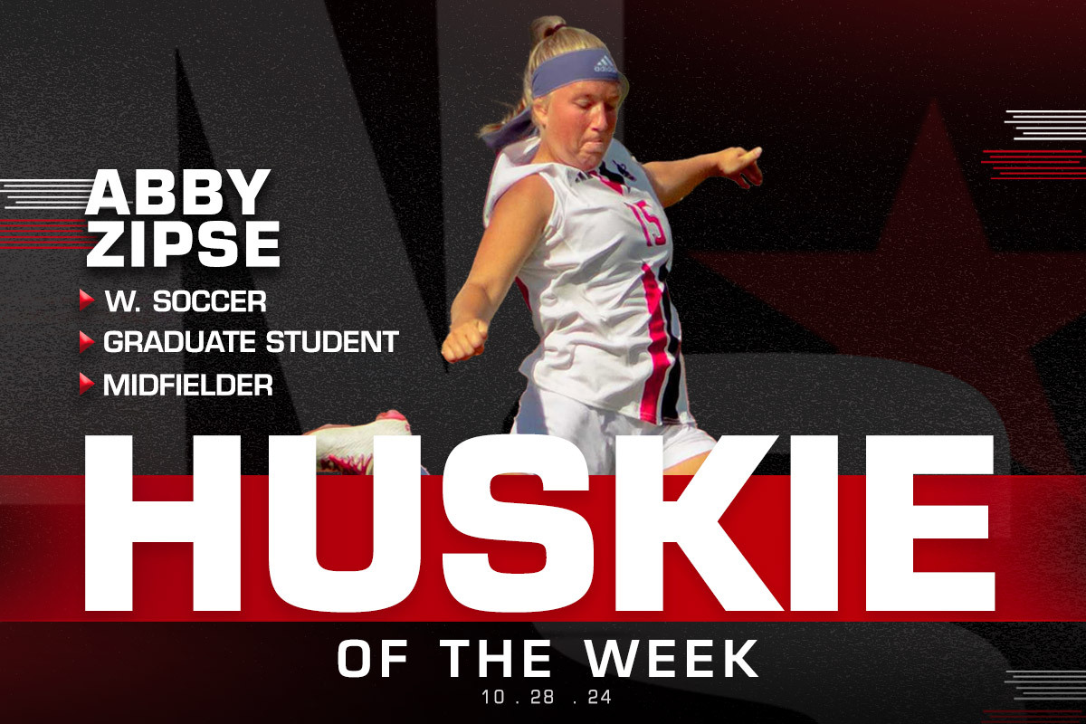 A graphic shows NIU women's soccer graduate student midfielder Abby Zipse pictured as this week's Huskie of the Week. Zipse scored a goal in the Huskies' 3-1 victory over Ball State University on Thursday and another in their 1-1 tie with the University of Toledo on Sunday. (Edison Miller | Northern Star)