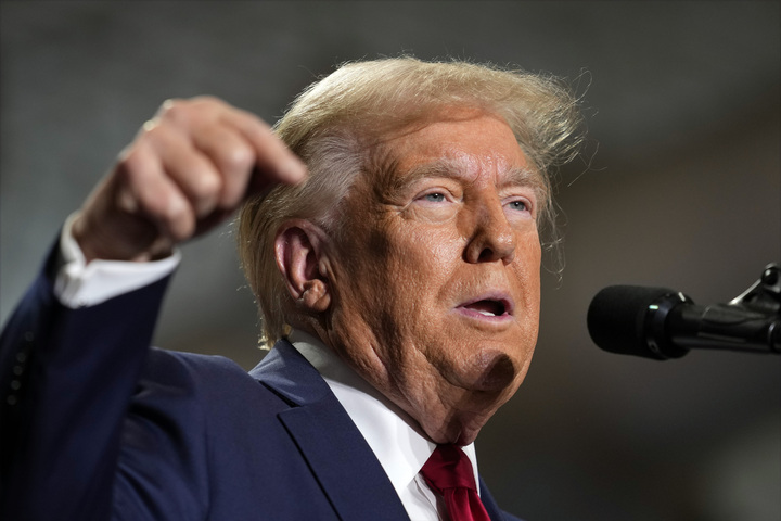 Republican presidential candidate former President Donald Trump gestures with his hand while speaking at a campaign event Sunday in Erie, Pennsylvania. At the event, Trump proposed allowing police “one really violent day” to address crime. (AP Photo/Matt Rourke)