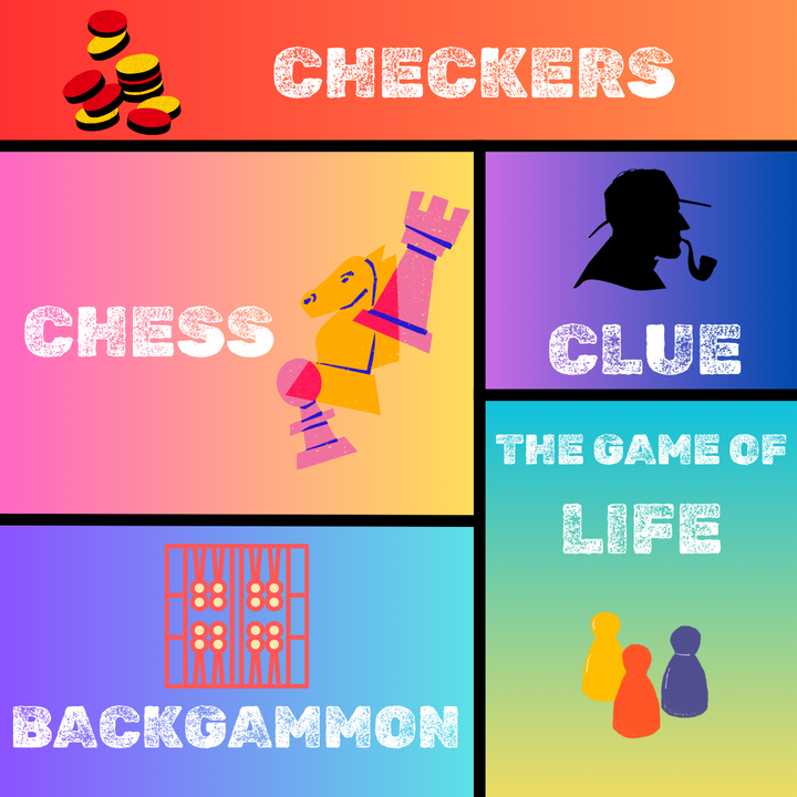 Five segments display different popular board games, including checkers, chess, Clue, the Game of Life and backgammon. What is your favorite classic board game? (Jackson Shields | Northern Star)