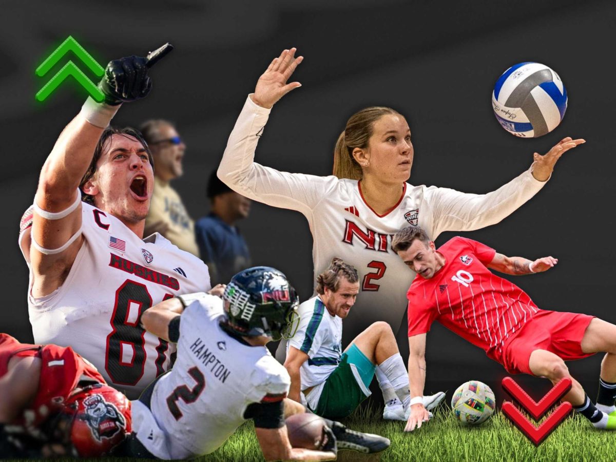 A graphic shows NIU student-athletes from various sports with arrows pointing up and down. Sports Editor Lucas Didier summarized the best and worst moments for Huskie sports in September. (Edison Miller | Northern Star)