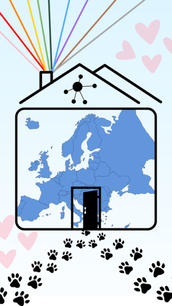 Two sets of paw prints move toward a symbol for house made up by the European map with ten colorful lines bursting from its roof. Opinion Columnist Sofia Didenko believes NIU should create a place for Eastern European students on campus to connect. (Northern Star Graphic)