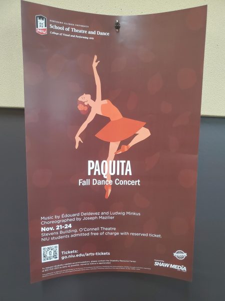 A poster for the "Paquita" Fall Dance Concert depicts a dancer moving with elegance and grace. The Fall Dance Concert has showings from Nov. 21 to Nov. 24 and features three shows performed by the School of Theatre and Dance students. (Jonathan Shelby | Northern Star) 