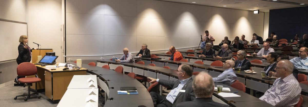 Laurie Elish-Piper, executive vice president and provost, speaks to a group of people at the 2023 College of Engineering and Engineering Technology Showcase. The 2024 College of Engineering and Engineering Technology event will be hosted Friday. (Courtesy of Matt Baron)