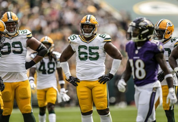 Green Bay Packers defensive lineman James Ester (65) stands at the line of scrimmage during the Packers’ preseason game against the Baltimore Ravens on Aug. 24 at Lambeau Field in Green Bay, Wisconsin. Ester is midway through his rookie season in the NFL after being signed by the Packers as a undrafted free agent in April. (Evan Siegle | Green Bay Packers)