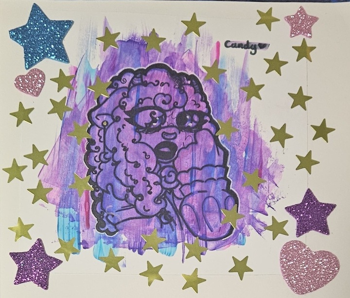 A fluffy, small-horned creature gasps, surrounded by a colorful chaos of blue, pink and violet brush strokes. The cartoonist used sparkling and shimmering stickers as accessories to the illustration in this piece. (Jayce Weir | Northern Star)