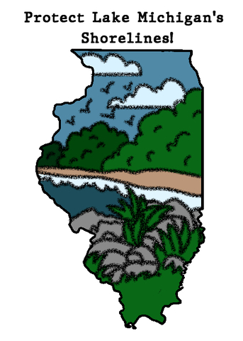 An outline of Illinois is filled with a depiction of Lake Michigan's shoreline, healthy with green vegetation, clear waters and avian wildlife. The Northern Star Editorial Board applauds the state of Illinois' financial dedication to preserving the Illinois Lake Michigan shoreline. (Jayce Weir | Northern Star)