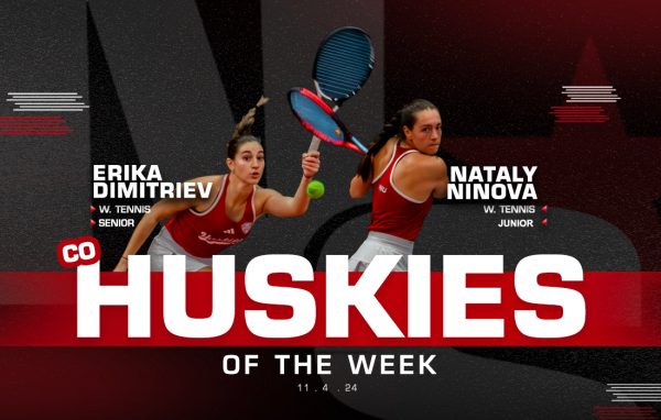 A graphic shows NIU women’s tennis senior Erika Dimitriev and junior Nataly Ninova sharing this week’s Huskie of the Week Award. Dimitriev and Ninova won the doubles match in flight 1 of the NIU Huskie Invitational which wrapped up on Sunday. (Edison Miller | Northern Star)