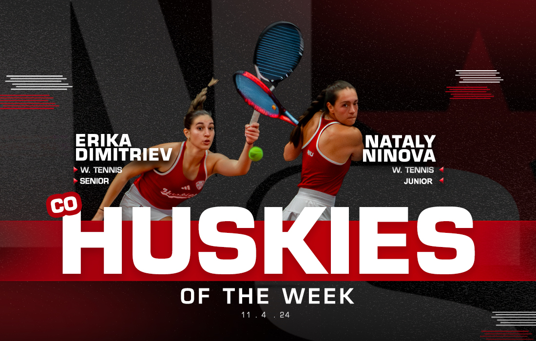 
A graphic shows NIU women’s tennis senior Erika Dimitriev and junior Nataly Ninova sharing this week’s Huskie of the Week Award. Dimitriev and Ninova won the doubles match in flight 1 of the NIU Huskie Invitational which wrapped up on Sunday. (Edison Miller | Northern Star