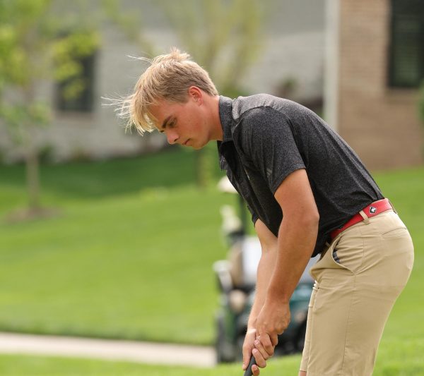 NIU men's golf senior Felix Krammer prepares his put. Krammer finished the fall season as NIU's leading golfer, logging a 72.267 stroke average. (Photo courtesy of NIU Athletics)