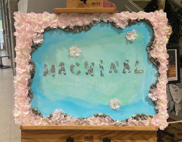 A sign for “Machinal” is adorned with flowers and small stones. This play tells the true story of a woman sentenced to execution via the electric chair. (Brynn Krug | Northern Star)