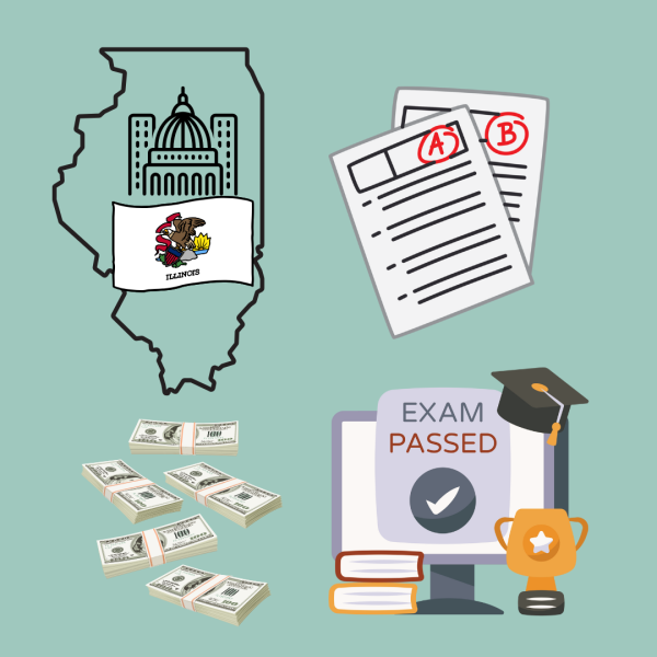 A graphic depicts Illinois, papers with the letters “A” and “B” on them, money and a computer screen that says “Exam passed.” The Illinois General Assembly approved a $10 million program that would provide public university students in Illinois with free test prep and licensure classes. (Tim Dodge | Northern Star)