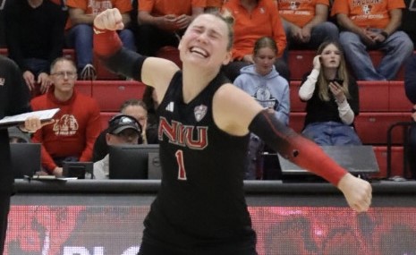 Senior libero Crew Hoffmeier celebrates on Nov. 8 against Bowling Green State University at Victor E. Court. NIU volleyball snapped an 11-game losing streak with a win over Miami University on Friday. (Marco Alvarez | Northern Star)