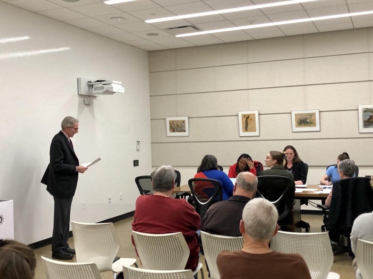 City Manager Bill Nicklas speaks to the crowd Tuesday during the DeKalb Public Library Board of Trustees special meeting. Emily Faulkner, DeKalb Public Library director, proposed a budget of $4.1 million instead of the original levy of $4.6 million. (Tim Dodge | Northern Star)